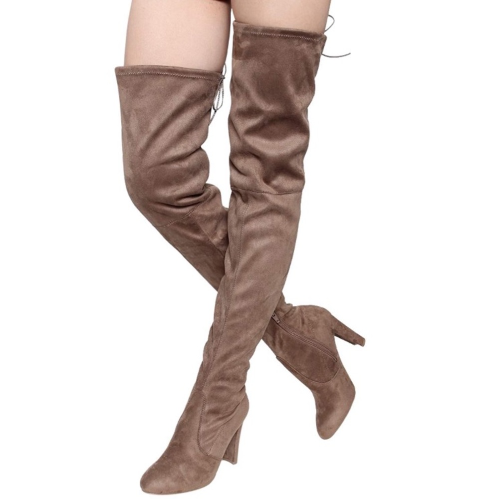 Faux Suede Thigh High Drawstring Chunky Heel Boot